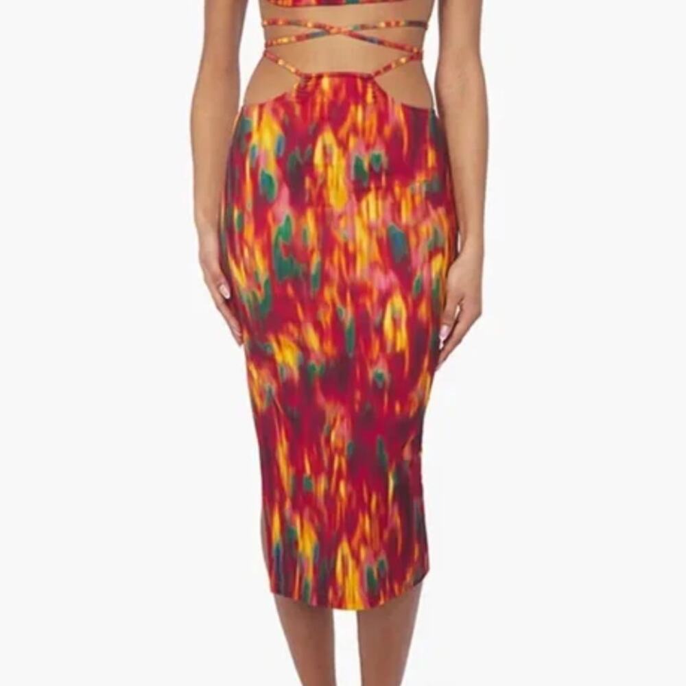 NWT WeWoreWhat Tie Dye Sexy Tie Wrap Hip Cutouts Midi Split Hem Slip Skirt S
